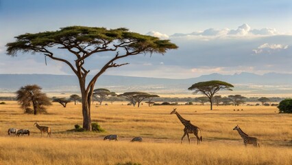 wildebeest in serengeti national park, African landscape. Zebra and wildebeests grazing in a grass of african savannah. Mara national Reserve, Kenya.