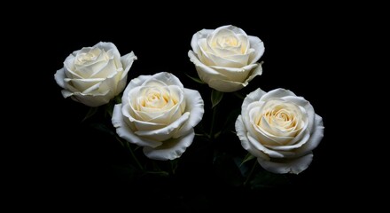 Four white roses against black background