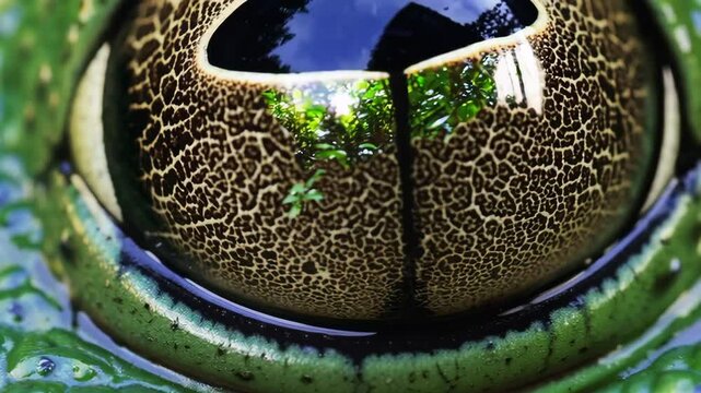Waxy monkey frog eye reflecting tropical forest canopy