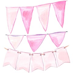 Pink Party Flags Watercolor Clipart Festive Garland Hand Painted Bunting Decoration For Celebration Birthday Baby Shower Wedding Design Isolated On White Background
