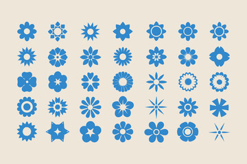 Set of simple flower icons. Collection of blue geometric floral symbols. Minimalist flat vector design elements for nature or spring themes.