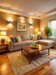 Warm and inviting living room with a comfortable sofa and soft lighting