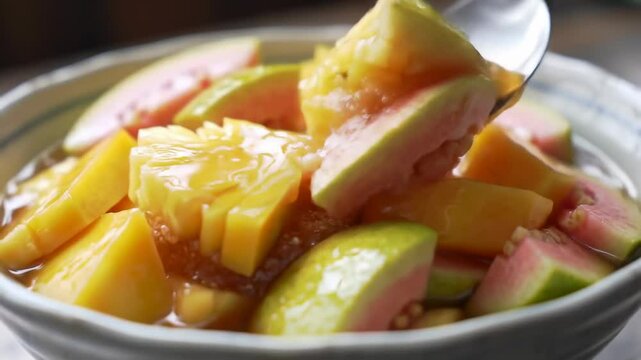 Closeup image of colorful fresh fruit salad with guava and pineapple in bowl