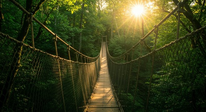 Fototapeta Sunlit rope bridge crosses lush green forest canopy.  Adventure awaits on this rustic pathway