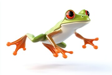 Frog jumping mid-air 3d cartoon character on white background