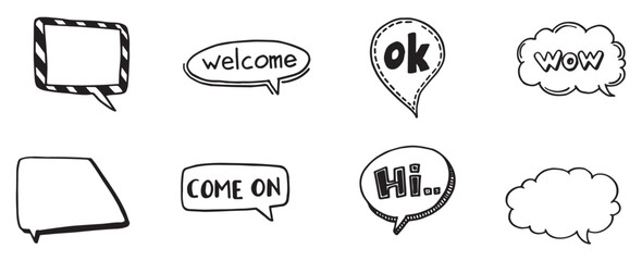 Speech Bubbles Short Phrases, Welcome, Message, Thank You, Bye, Love you ,Like, Wow, Bye Bye, Hi, Nope, Hello, Nice, Yes in black color, vector illustration