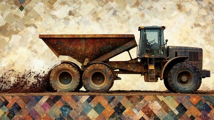 Textured digital artwork of an articulated dump truck in motion