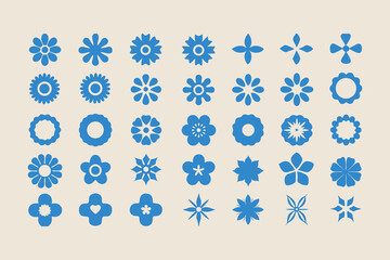 Set of simple flower icons. Collection of blue geometric floral symbols. Minimalist flat vector design elements for nature or spring themes.