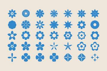 Set of simple flower icons. Collection of blue geometric floral symbols. Minimalist flat vector design elements for nature or spring themes.