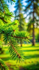Fototapeta premium Close-up of green needles on a branch in a serene park setting