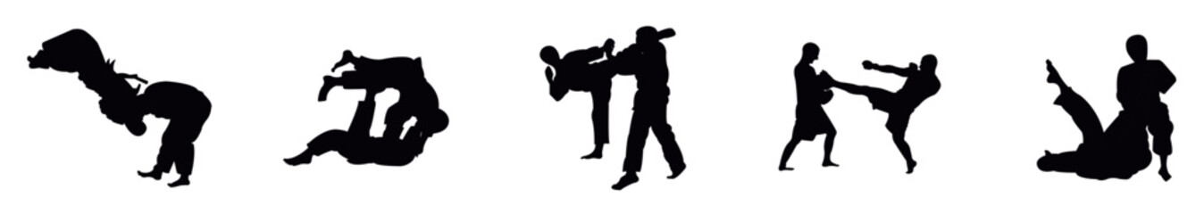 Judo poses are set against a white backdrop, showcasing various actions and stances in martial arts, including Jiu jitsu and sports, martial art karate silhouettes collection vector illustration