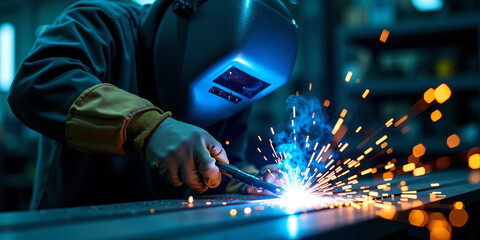 Close-up of industrial welder at work creating bright electric sparks while fusing metal in a modern fabrication workshop with protective gear, cinematic lighting, and intense manual precision