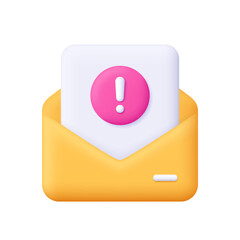 Yellow envelope with document file and exclamation mark. Message, alert, warning, notification, post mail, email concept. 3d vector icon. Cartoon minimal style.