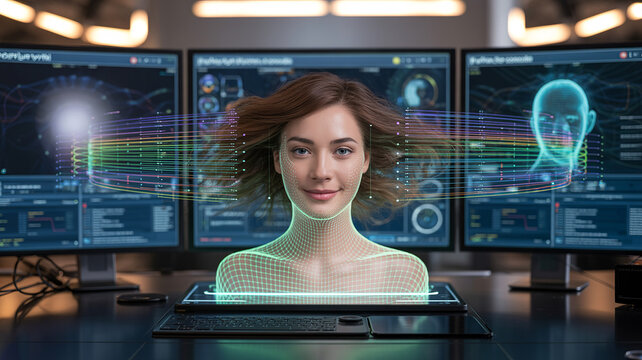 Human Portrait with Holographic Representation: A striking portrait merges with holographic projections, showcasing futuristic technology - Powered by Adobe