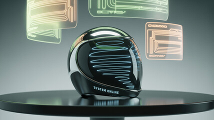 Futuristic Helmet with Holographic Interface: A sleek, black and chrome futuristic helmet sits on a dark circular stand, showcasing holographic displays hovering above it.