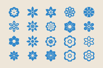 Set of simple flower icons. Collection of blue geometric floral symbols. Minimalist flat vector design elements for nature or spring themes.