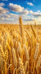 Fototapeta premium Wheat field with golden ears in close-up