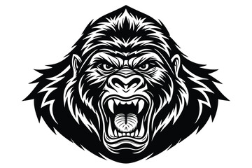 Ferocious gorilla bares its teeth in an intimidating monochrome portrait, poised for a fierce roar