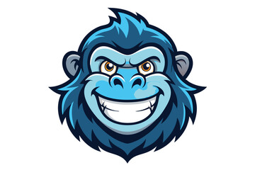 Smiling blue gorilla shows his teeth with intimidating expression over white background