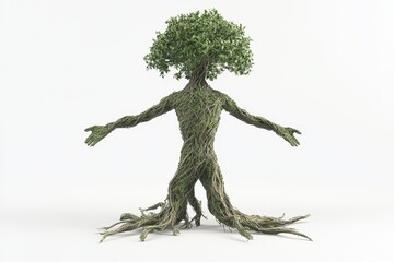 Front view of tree pose 3d render cartoon character on white background