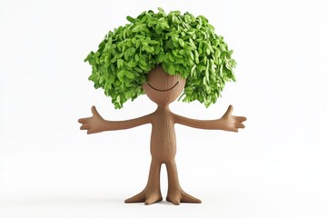 Front view of tree pose 3d render cartoon character on white background