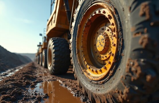 Massive mining dump trucks lined up on muddy terrain under clear blue sky. Heavy machinery, with thick tires caked in dirt, mud, powerful vehicles designed for hauling earth, materials in quarries, - Powered by Adobe