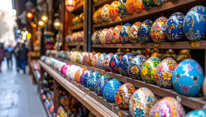Fototapeta premium Painted eggs market stall display.