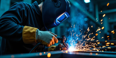 Close-up of industrial welder at work creating bright electric sparks while fusing metal in a modern fabrication workshop with protective gear, cinematic lighting, and intense manual precision