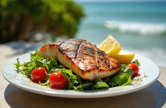 Grilled fish fillet served with fresh salad greens, cherry tomatoes, lemon wedges. Delicious seafood dish offers healthy, protein-rich meal. Perfect for summer dining beachside restaurants,