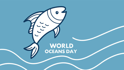 Obraz premium World Oceans Day: A stylized line art illustration of a fish leaping over gentle waves, conveying a serene and hopeful mood for environmental awareness campaigns and marine conservation projects.
