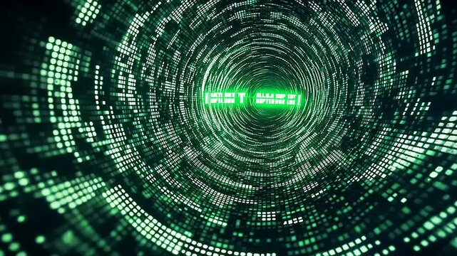 Digital tunnel visualization with green data streams, suggesting depth and technology in a futuristic setting