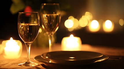 A romantic candlelit dinner with wine and fine dining, evoking love and intimacy