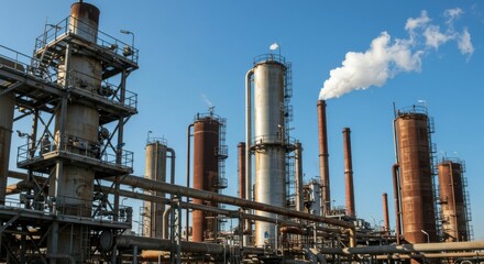 Industrial plant with tall metal structures and smoke stacks