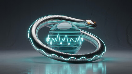 Serpent's Enigmatic Energy: A mesmerizing digital art piece features a sleek metallic serpent coiled around a transparent sphere pulsating with vibrant energy.