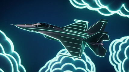 Futuristic Jet Soaring Through the Clouds: A sleek, modern jet aircraft, outlined with glowing neon lights, gracefully flies through a sky filled with illuminated, ethereal clouds.