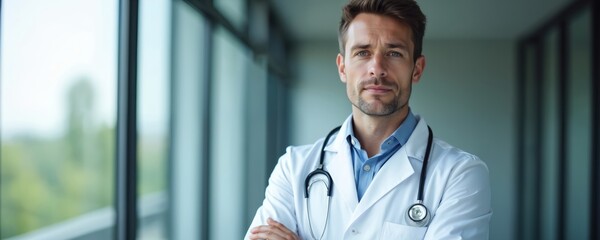 Confident doctor with stethoscope, rolled up sleeves looks at camera. Wears crisp white shirt, blue collar, exuding compassion, expertise. Attentive pro conveys intelligence, trust, dedication in