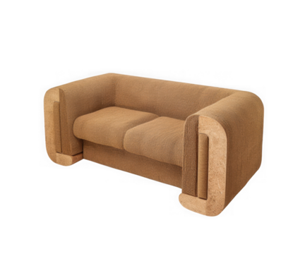 Modern two seater sofa with textured fabric and rounded arms isolated on transparent background
