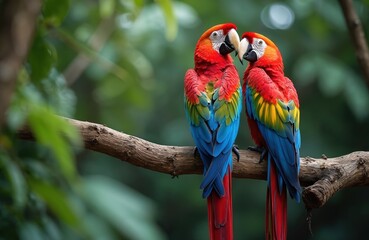 Obraz premium Two vibrant scarlet macaws perched on tree branch. Brilliant red, yellow, blue, green plumage striking against green jungle foliage. Exotic birds, known for intelligence, social nature, native to