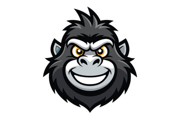 Smiling gorilla head with yellow eyes shows its white teeth on a white background
