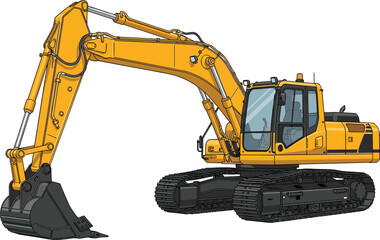 Yellow Excavator Front View with Bucket Arm Raised, Heavy Construction Machinery Illustration, Industrial Equipment Artwork, Engineering Vehicle Design, Vector Drawing © Creatives Selim