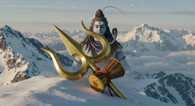 Hindu deity atop snowy mountain,  trishul and damaru