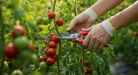 Hands harvesting ripe tomatoes from a vine