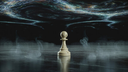 The Strategic Chessman: A lone pawn stands resolute amidst a swirling, ethereal cosmic backdrop, the image evoking contemplation and strategy.