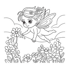 Fairy flying over flowers coloring page illustration art