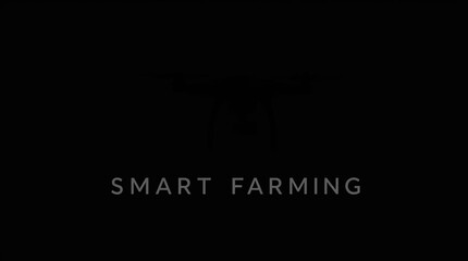 A geometric logo design representing smart farming, with contrasting chiaroscuro lighting and silhouetted drones over abstract farmland.