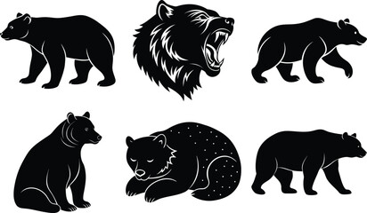 Vector art of six bear silhouettes isolated on transparent background
