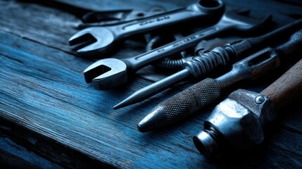 Realistic stock photo of Fathers day tools with blues tones, evoking a authoritative mood, targeting Graphic designers