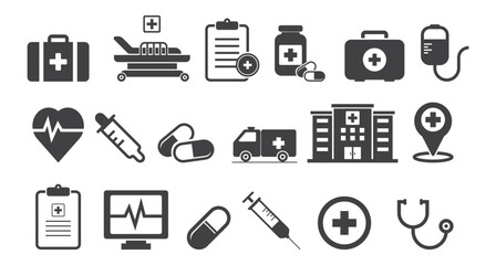 Set of Medical Icons Representing Healthcare Essentials and Tools, vector illustration.
