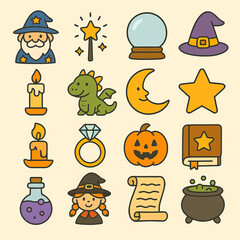 Obraz premium Colorful Magic and Halloween Icon Set with Flat Design and Transparent Background for Fantasy and Holiday Themes
