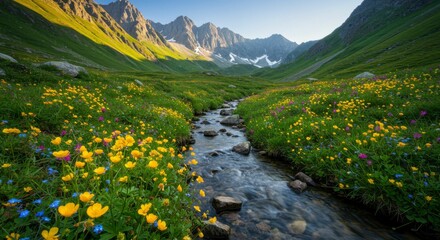 Serene mountain valley, vibrant wildflowers bloom along a clear stream, majestic peaks in the background under a clear sky